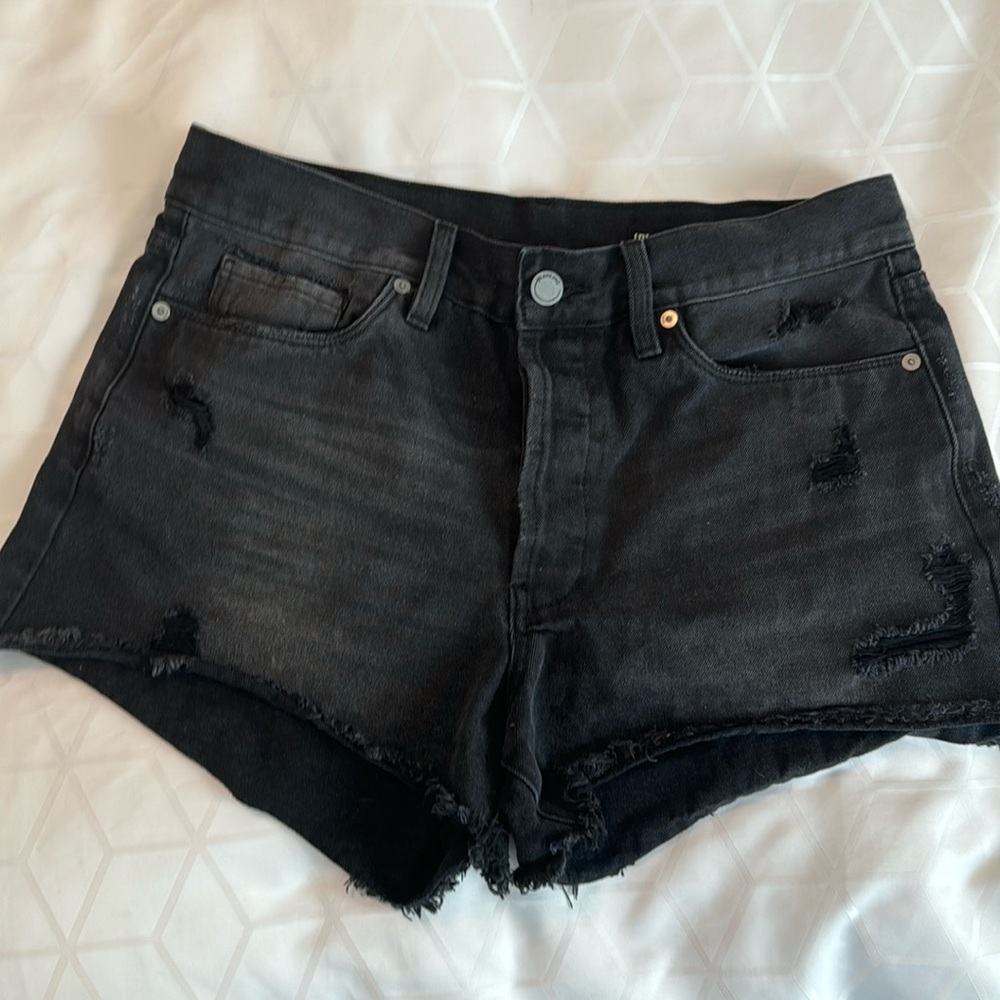 Blank NYC Jean Shorts High Rise Button Fly Faded Black Distressed Raw Hem 29